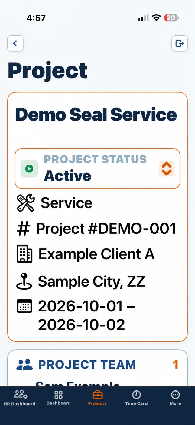TradeLog Site phone project detail with status, project number, client, location and dates.