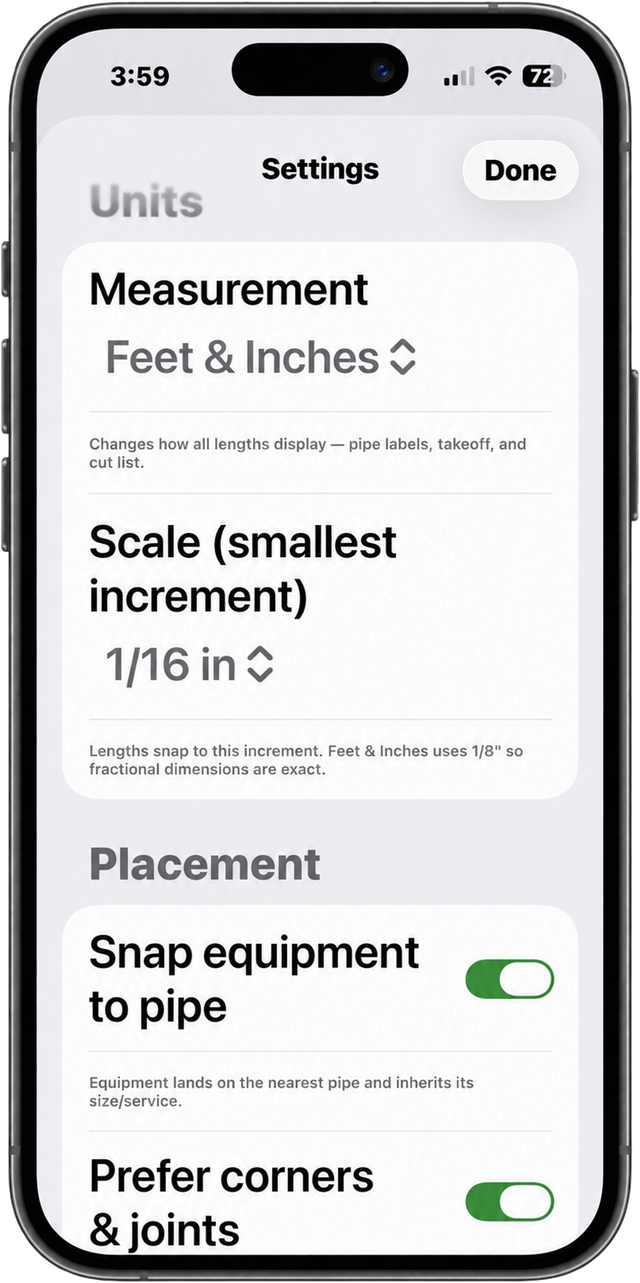 LionSync ISO iPhone settings for measurement units, smallest scale increment and equipment placement options.