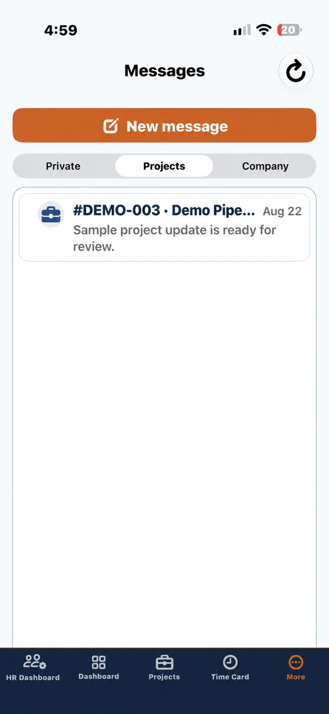 TradeLog Site phone Messages with a New message button and Private, Projects and Company tabs.