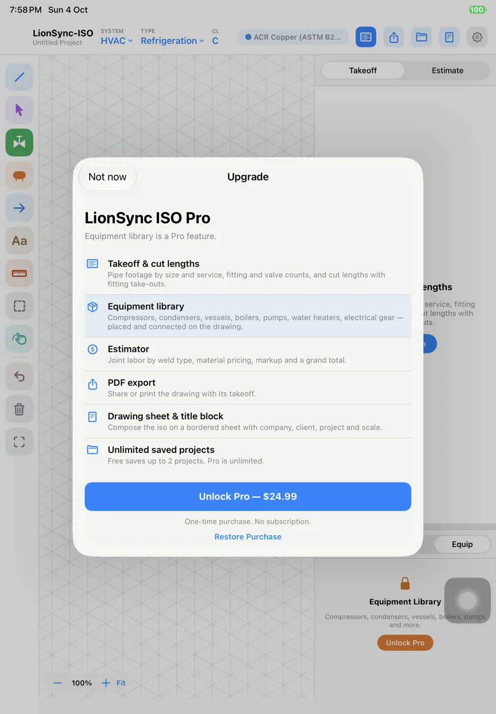 LionSync ISO on iPad in portrait with the LionSync ISO Pro upgrade sheet listing takeoffs, equipment library, estimator, PDF export, drawing sheets and unlimited projects.