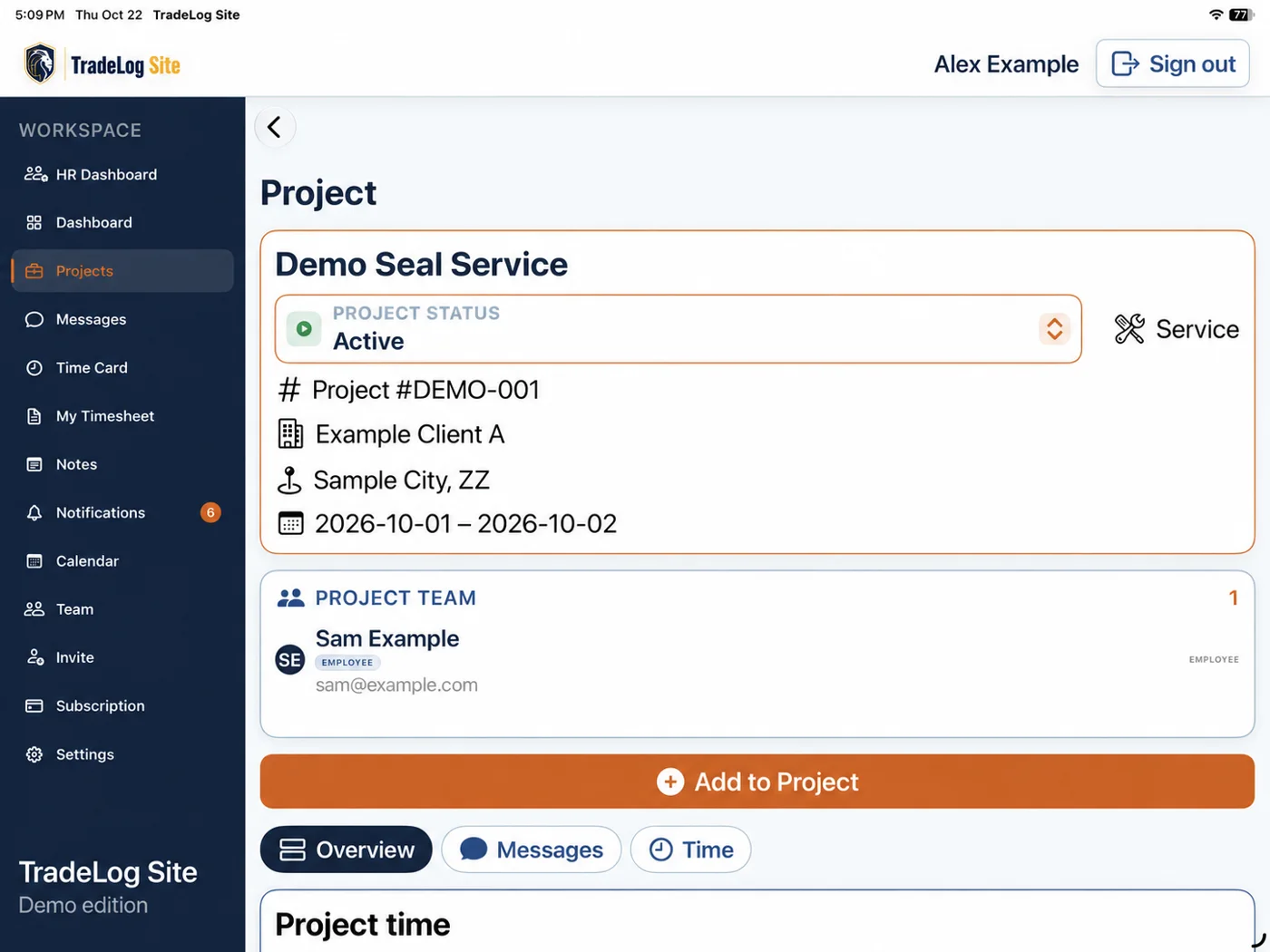 TradeLog Site on iPad showing a demo project with status, project number, client, location, dates and project team.