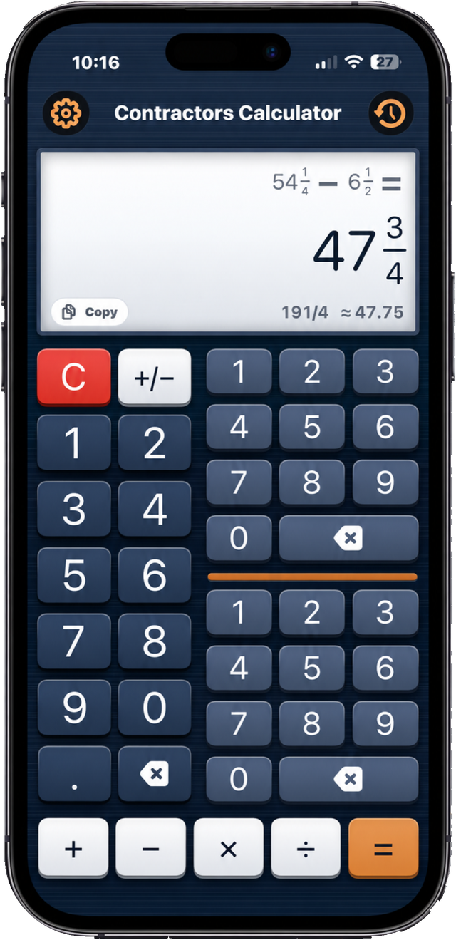 Contractors Calculator on iPhone in portrait showing 54 1/4 minus 6 1/2 equals 47 3/4, also 191/4 and approximately 47.75.