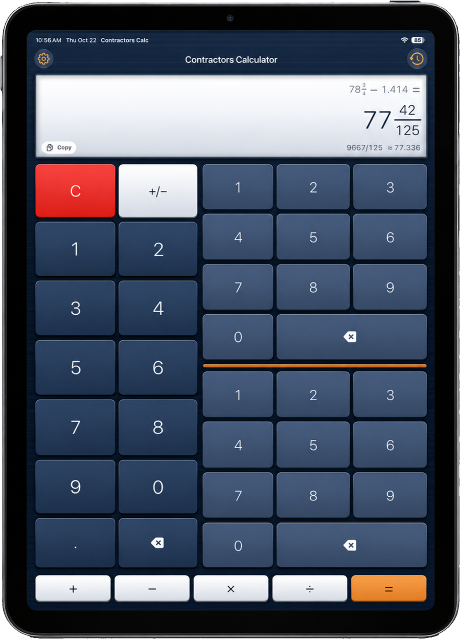 Contractors Calculator on iPad in portrait showing 78 3/4 minus 1.414 equals 77 42/125 above the keypad.