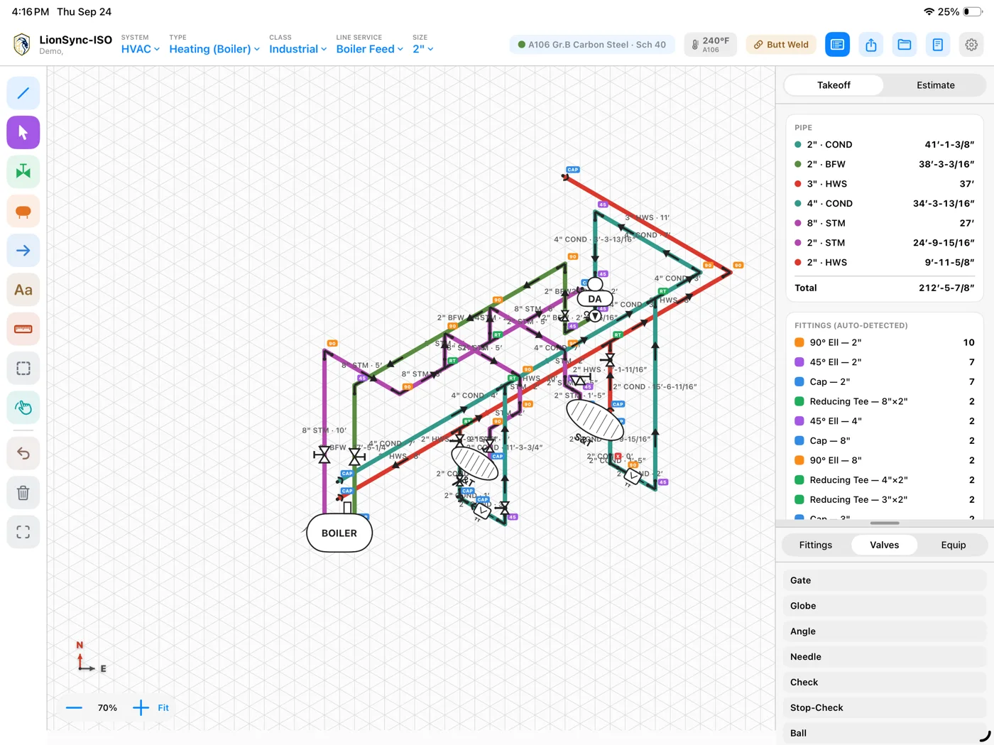 LionSync ISO on iPad: an industrial boiler piping isometric with fittings, valves and a takeoff panel listing pipe and auto-detected fittings.