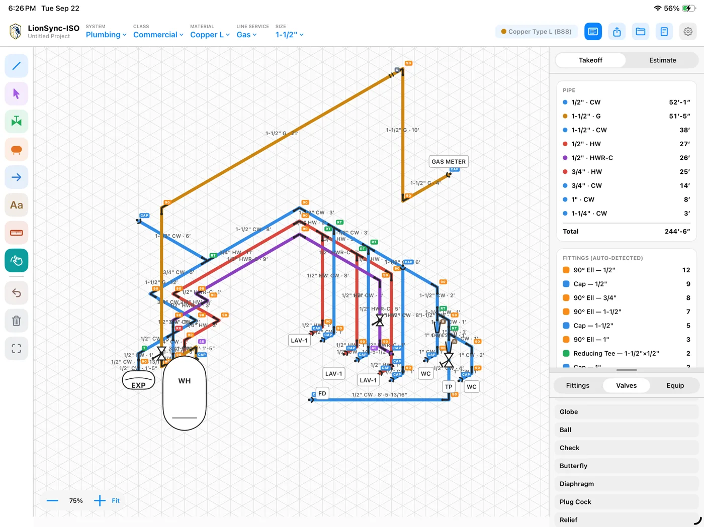 LionSync ISO on iPad: a commercial plumbing isometric with water, gas and drain lines, a water heater and a takeoff panel listing pipe lengths.