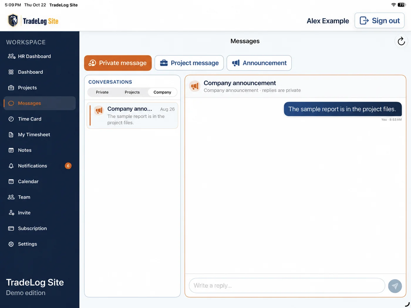 TradeLog Site on iPad showing Messages with private, project and company announcement options.