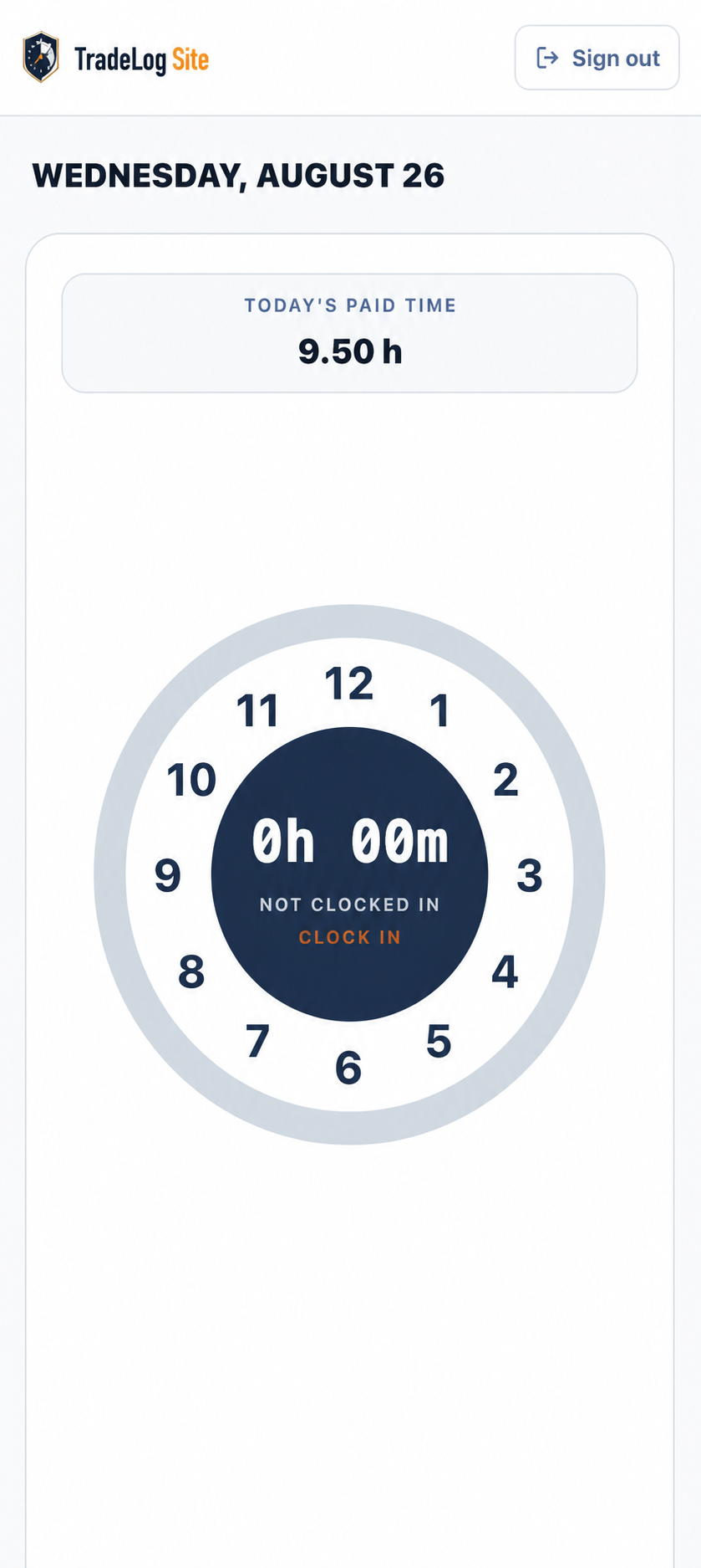 TradeLog Site mobile clock screen showing today's paid time and the clock-in dial