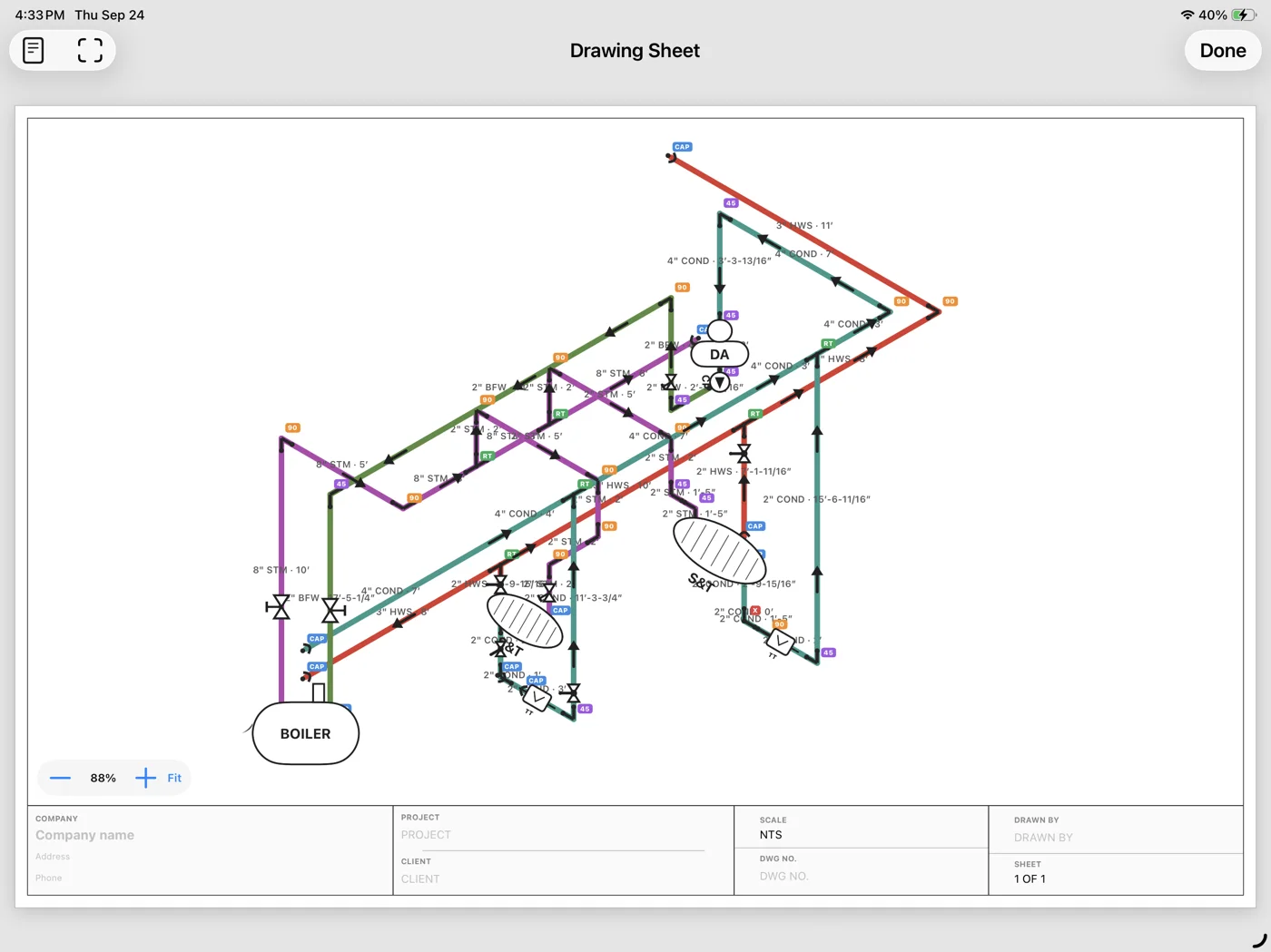 LionSync ISO on iPad: a drawing sheet with the boiler isometric above a title block for company, project, scale and sheet number.