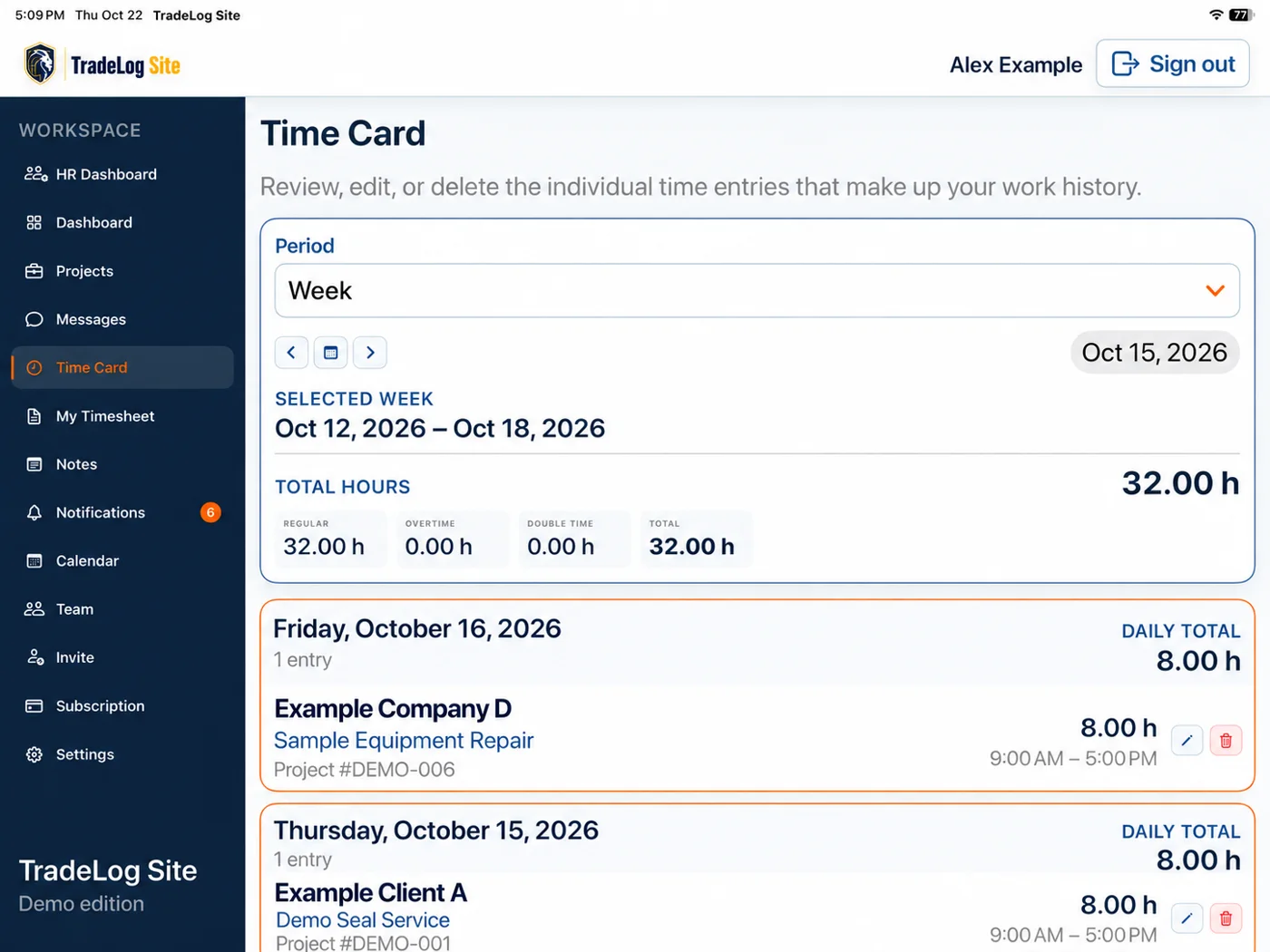 TradeLog Site on iPad showing the Time Card with weekly totals and daily entries by client and project.