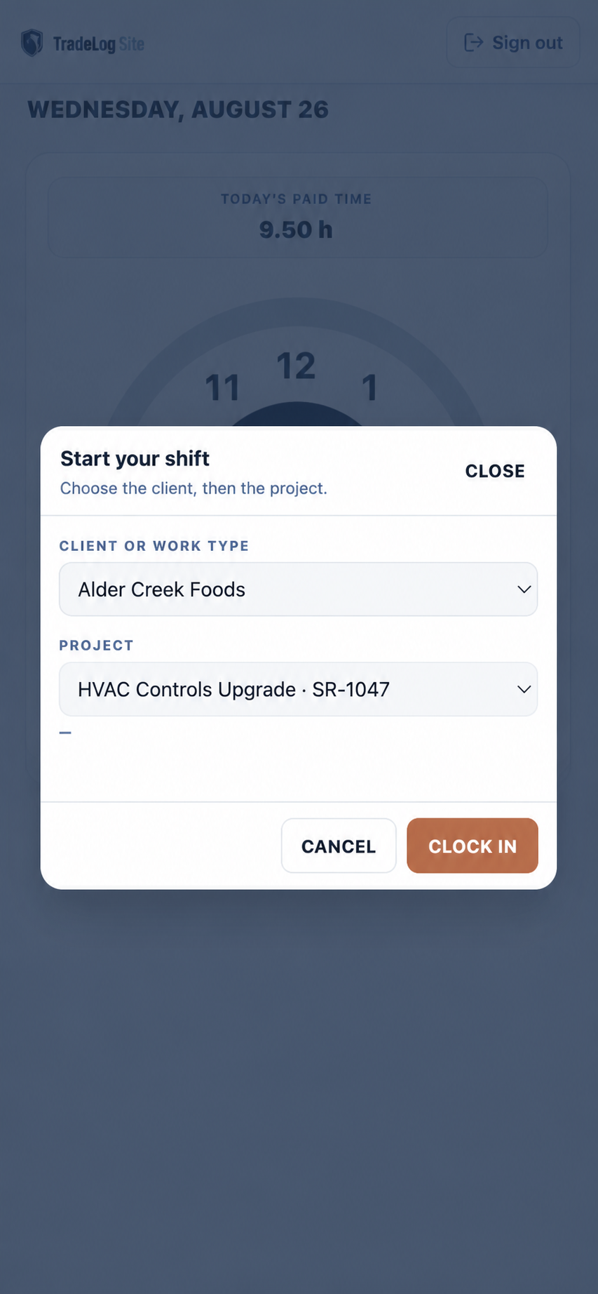 TradeLog Site mobile start-shift dialog for choosing a Client and Project