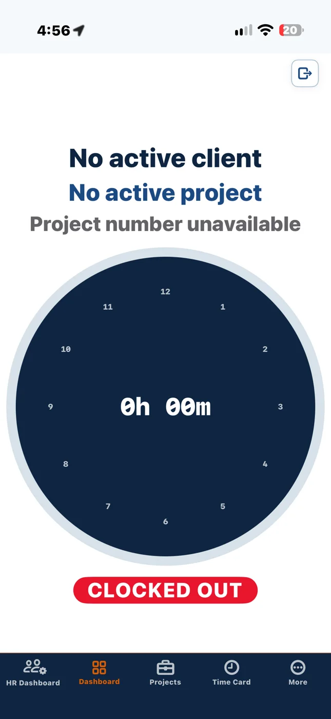 TradeLog Site time clock on a phone: no active client or project, a clock face reading 0h 00m and a red CLOCKED OUT status.