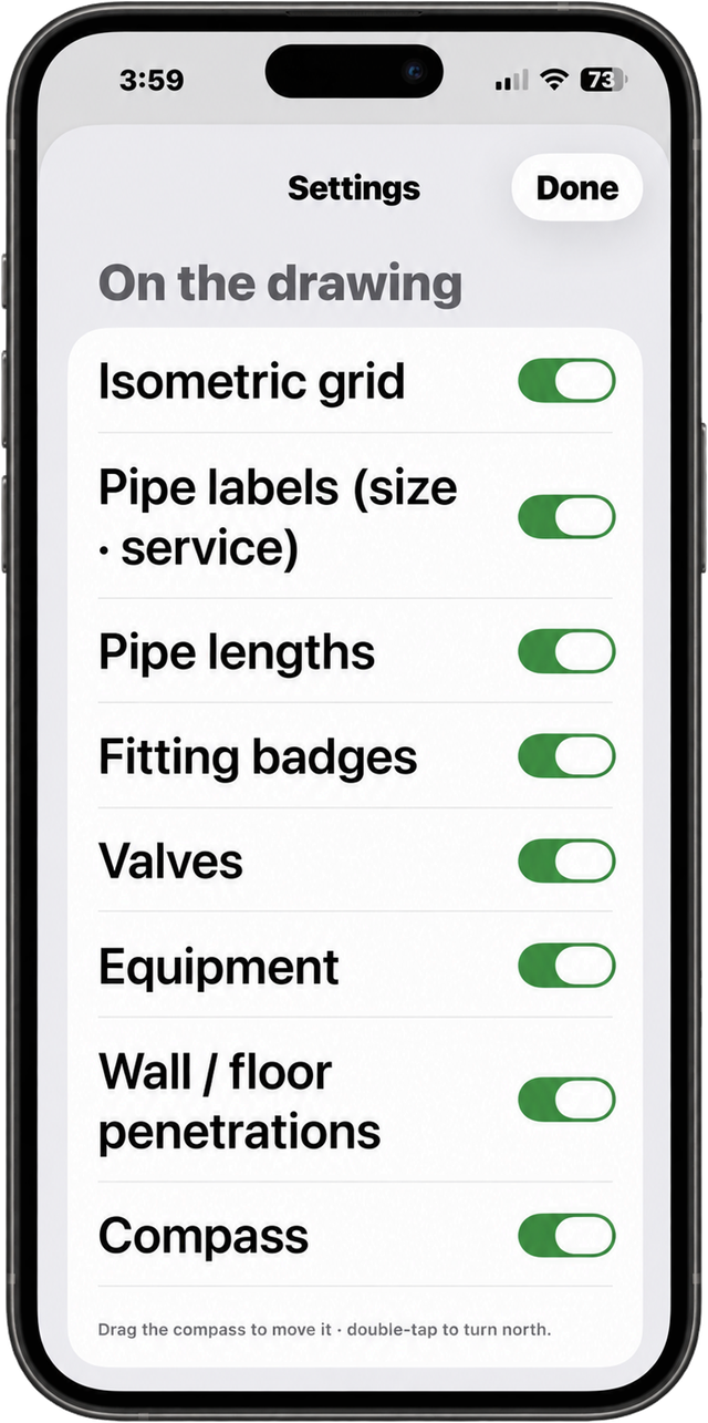 LionSync ISO iPhone settings for what appears on the drawing: grid, pipe labels, lengths, fitting badges, valves, equipment, penetrations and compass.