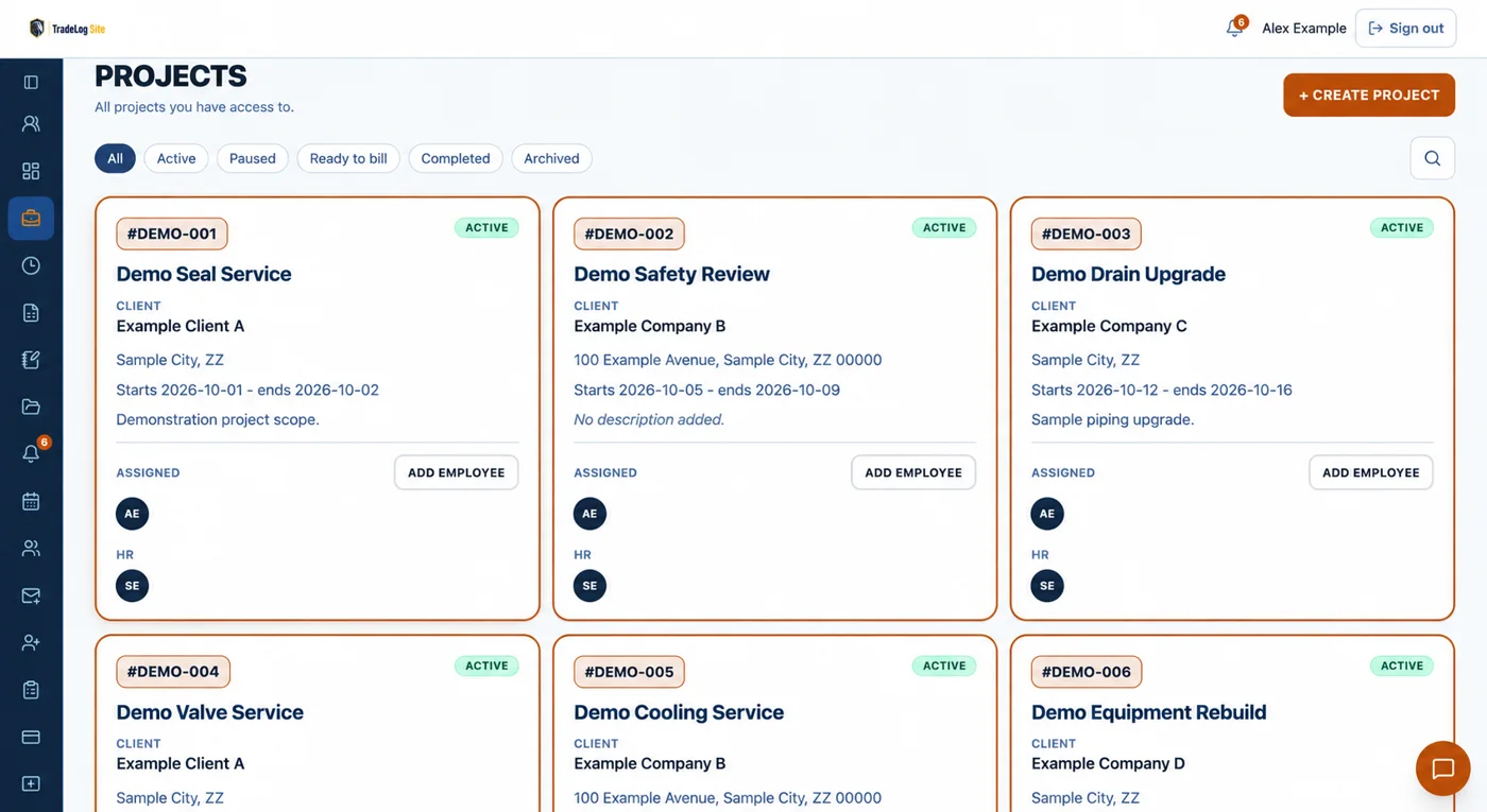 TradeLog Site desktop Projects page with demo project cards showing client, location, dates, status and assigned people.
