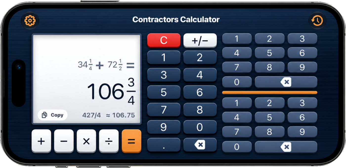 Contractors Calculator on iPhone in landscape showing 34 1/4 plus 72 1/2 equals 106 3/4, also 427/4 and approximately 106.75.